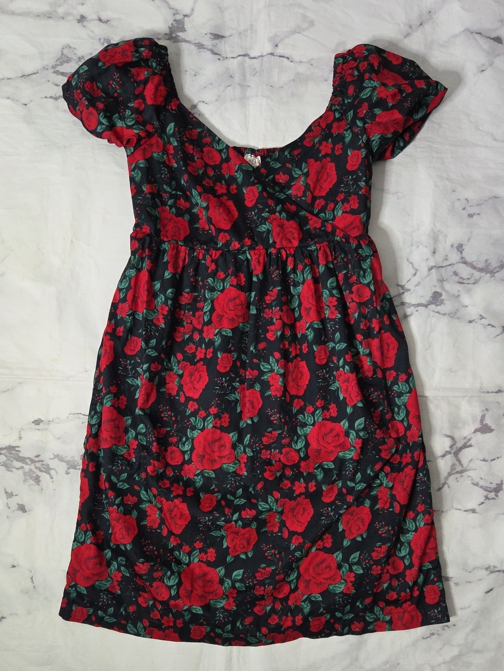 Hope & Henry Puff Sleeve Black Dress With Red Floral Print